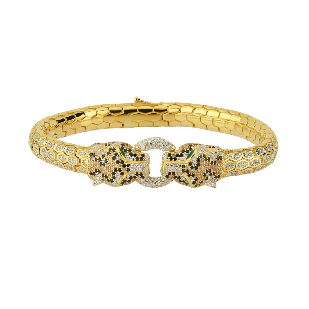 Panther Head Design Silver Bracelet with Gold Plated Zircon Diamonds