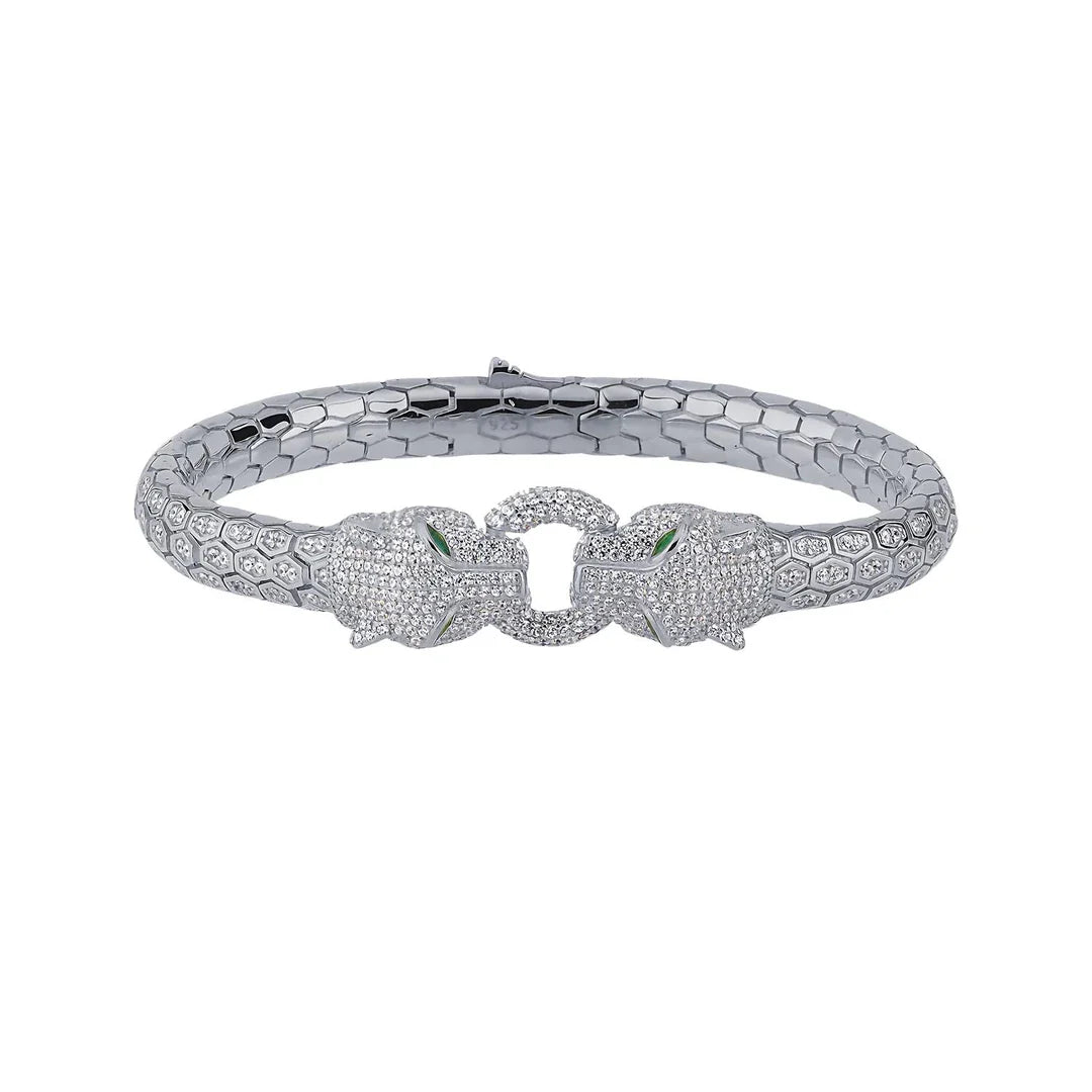 Panther Head Silver Bracelet with Zircon Diamonds