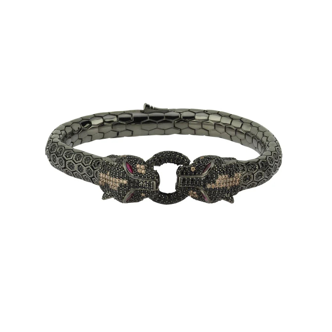 Panther Head Silver Bracelet with Black Zircon Diamonds