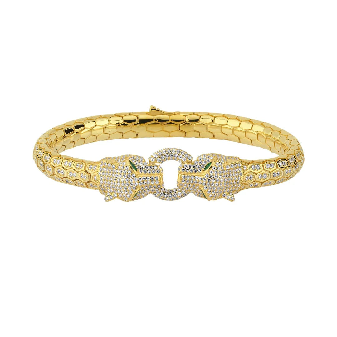 Panther Head Design Silver Bracelet with Gold Plated Zircon Diamonds